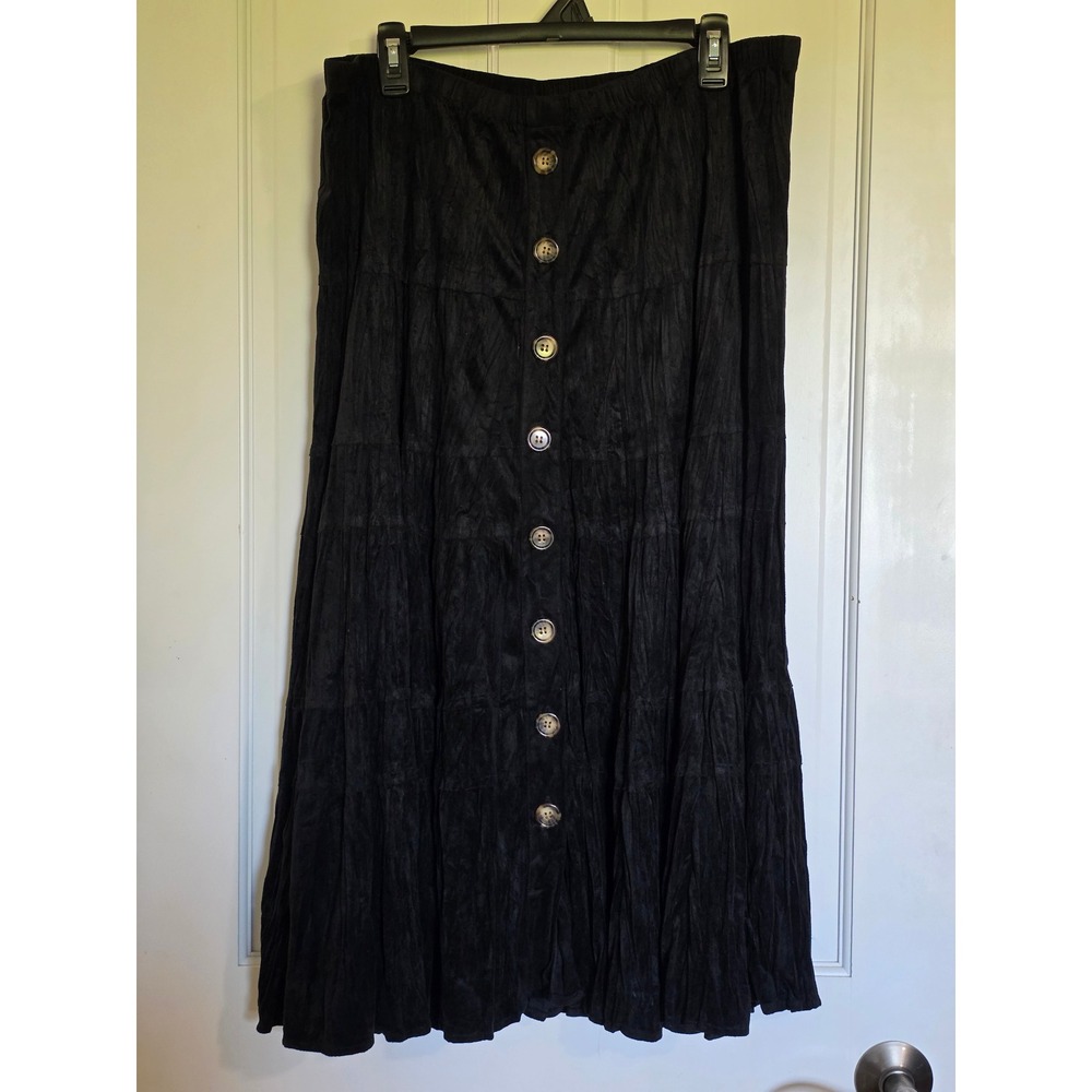 Coldwater Creek Black Crinkle Tiered Button Front Maxi Skirt XL Renaissance NWT